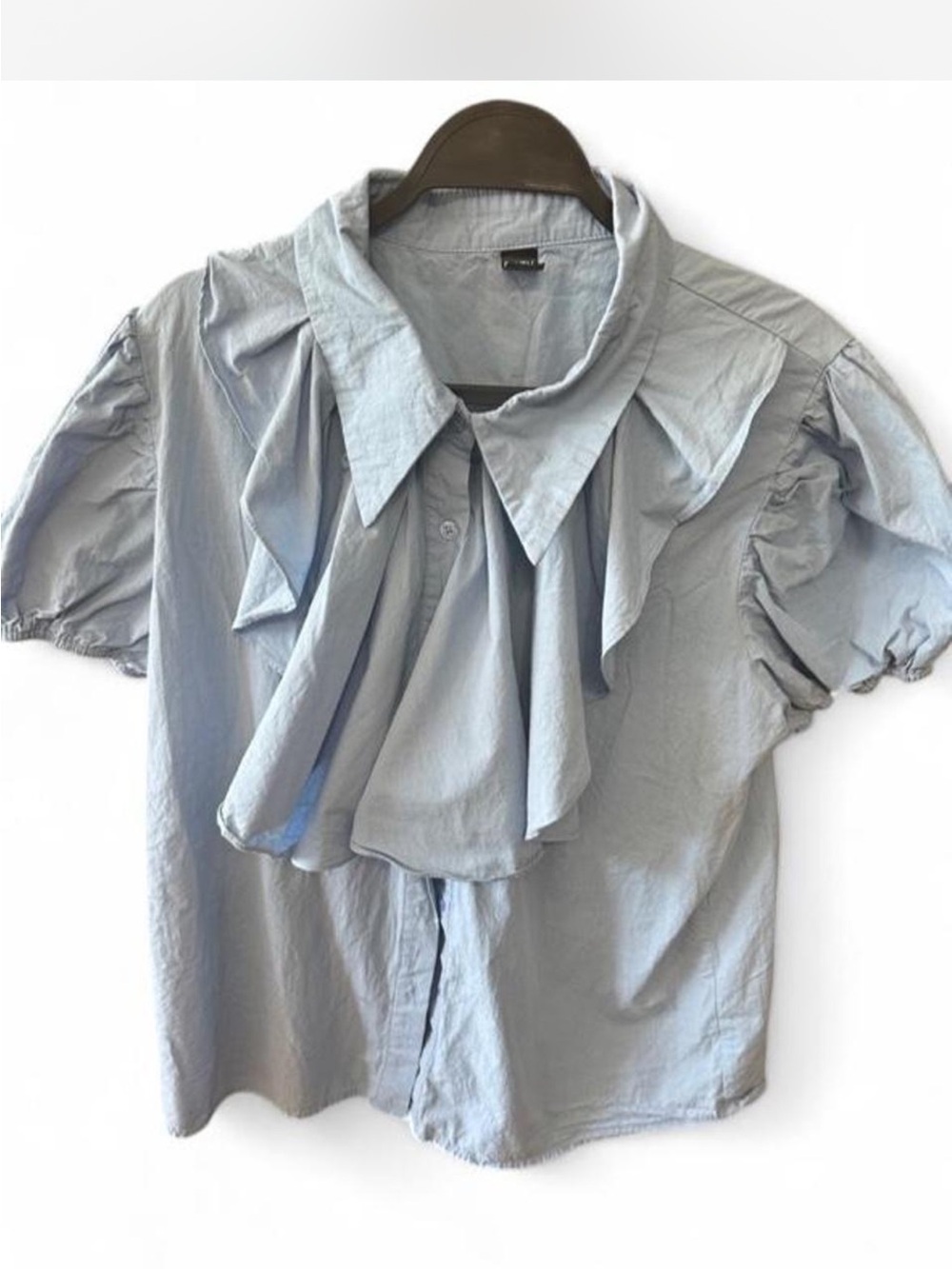 Pale Blue Ruffle Front Button-Up Blouse